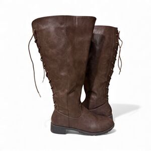 Comfortview Women's Knee High Boots Brown Faux Leather WW Zip Up Lace Tie Design